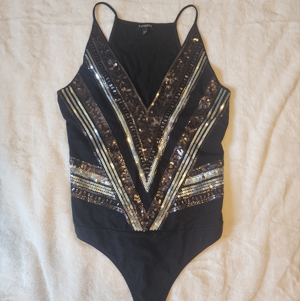 Express Black and Gold Bodysuit with Geometric Embellishments